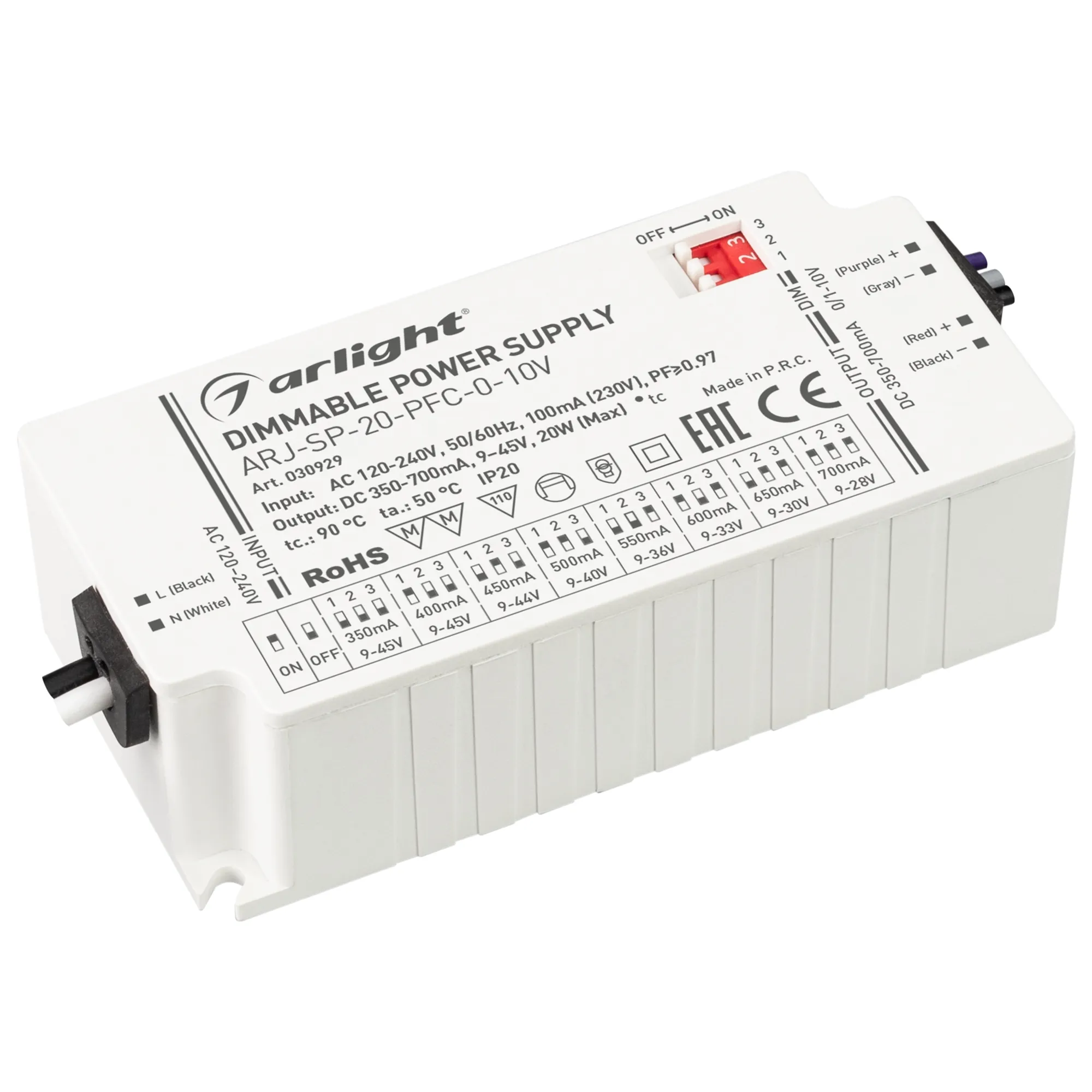 Блок питания ARJ-SP-20-PFC-0-10V (20W, 350-700mA) (Arlight, IP20 Пластик, 5 лет) - изображение товара