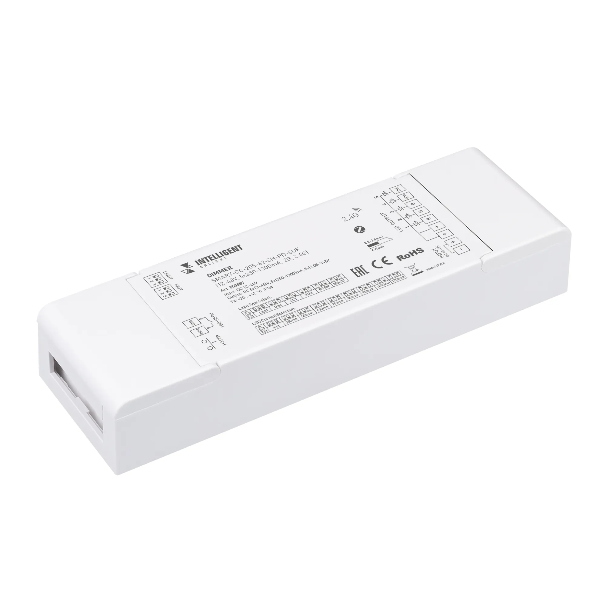 INTELLIGENT ARLIGHT Диммер SMART-CC-205-62-SH-PD-SUF (12-48V, 5x350-1200mA, ZB, 2.4G) (IARL, IP20 Пластик, 5 лет) - изображение товара