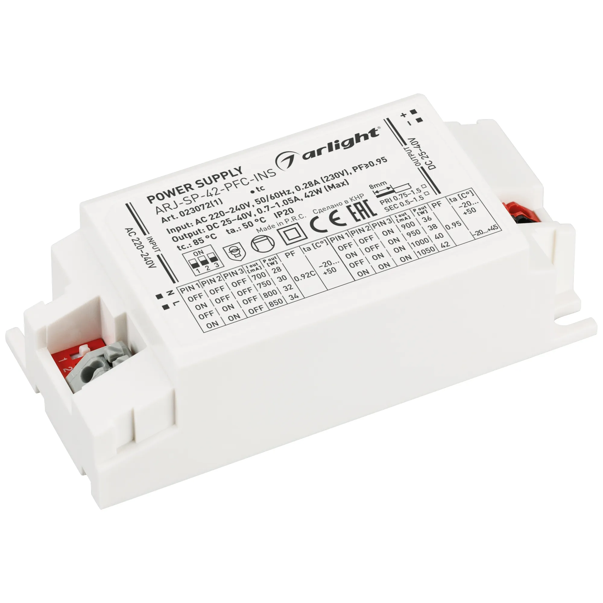 Блок питания ARJ-SP-42-PFC-INS (42W, 25-40V, 0.7-1.05A) (Arlight, IP20 Пластик, 5 лет) - изображение товара