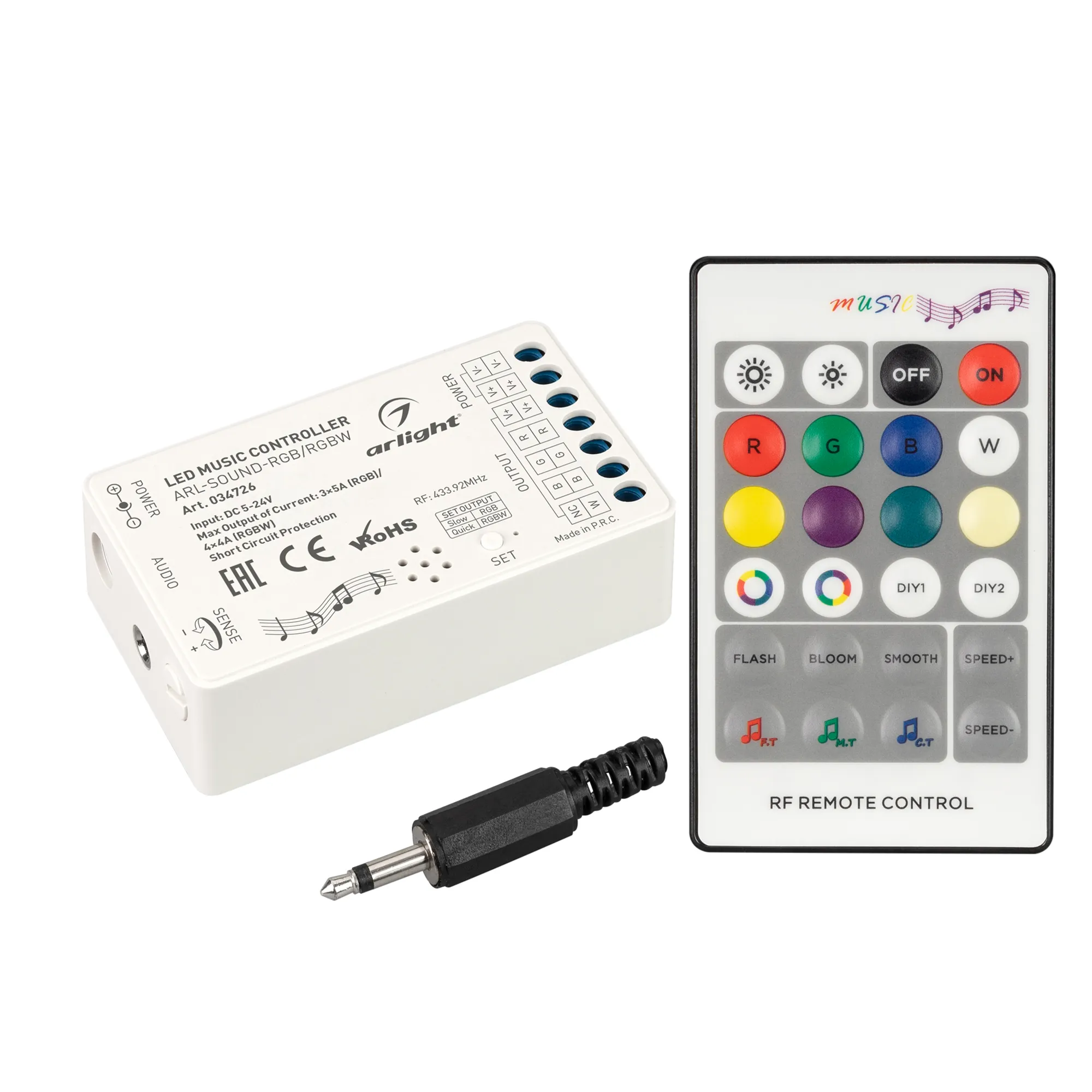 Аудиоконтроллер ARL-SOUND-RGB/RGBW (12-24V, 4x4A, RF ПДУ 24кн) (Arlight, IP20 Пластик, 3 года) - изображение товара