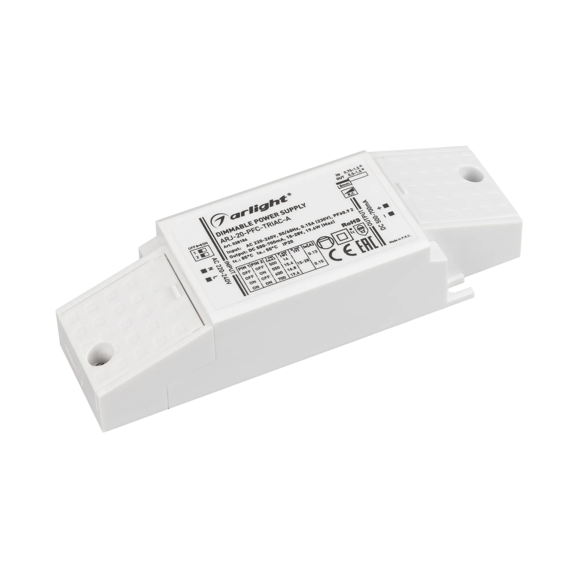 Блок питания ARJ-20-PFC-TRIAC-A (20W, 500-700mA) (Arlight, IP20 Пластик, 5 лет) - изображение товара